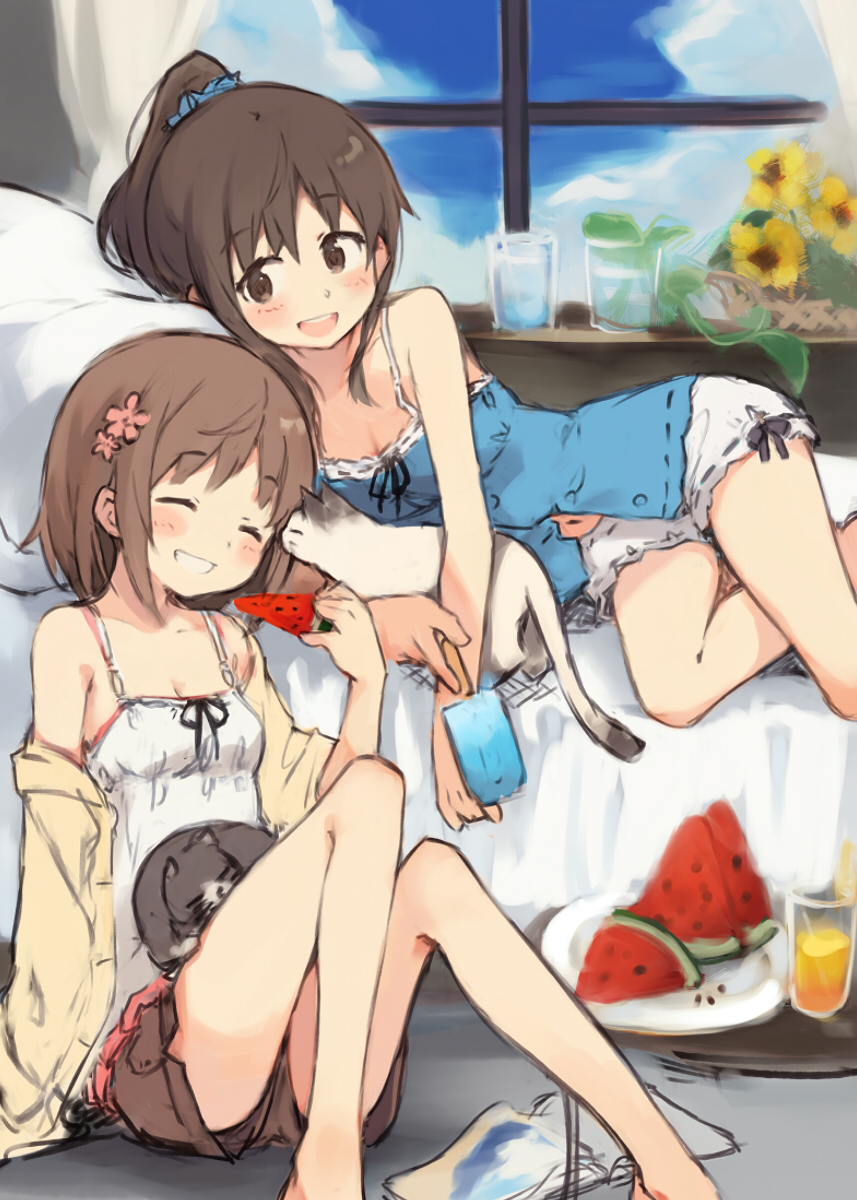 :d ^_^ animal animal_hug bedside blue_scrunchie breasts brown_hair camisole cat cat_on_lap cleavage closed_eyes cup drinking_glass flower food fruit hair_flower hair_ornament hair_scrunchie highres kyuri lying multiple_girls navel on_bed on_side open_mouth original plate ponytail popsicle ribbon-trimmed_shorts ribbon_trim scrunchie shorts sketch small_breasts smile watermelon window