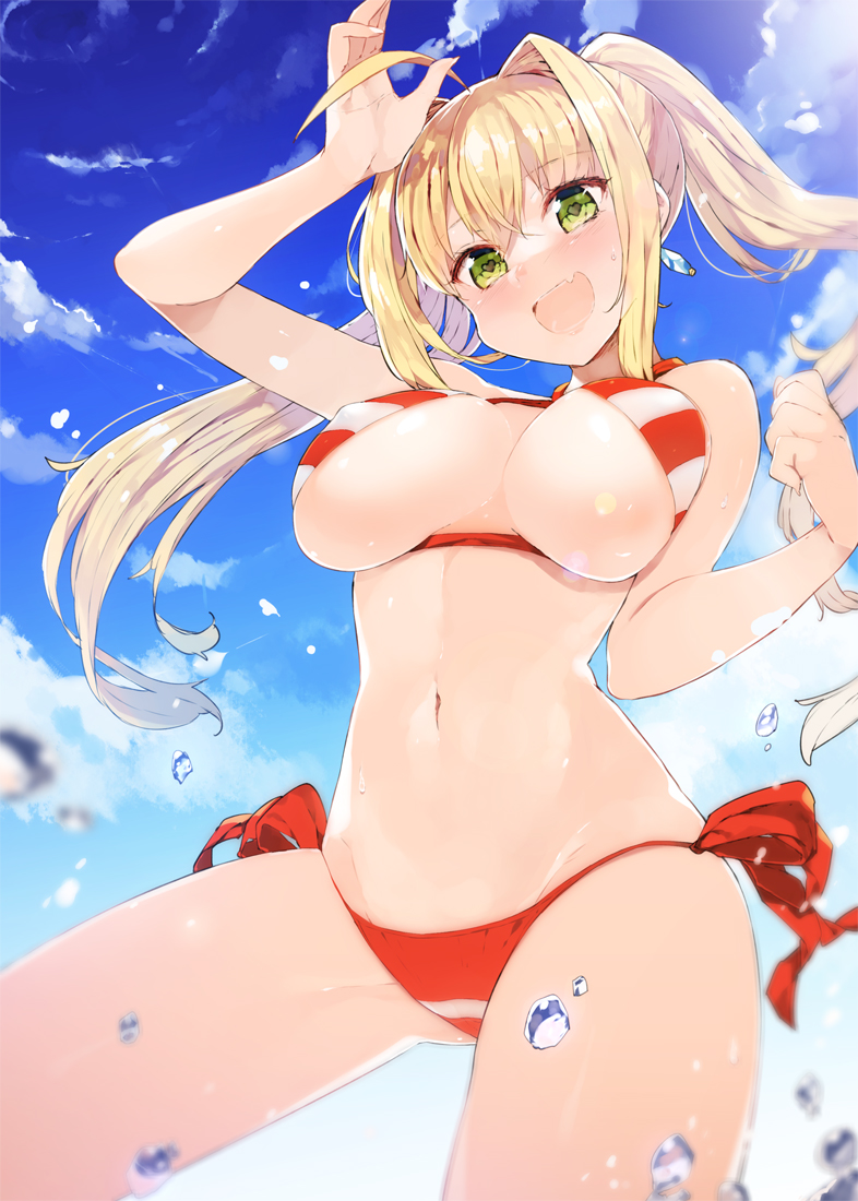 :d ahoge arm_up ass_visible_through_thighs bangs bare_arms bare_legs bare_shoulders bikini blonde_hair blue_sky blurry blush breasts breasts_apart cloud cloudy_sky collarbone cowboy_shot criss-cross_halter day depth_of_field dutch_angle earrings eyebrows_visible_through_hair eyelashes fang fate/extra fate/grand_order fate_(series) from_below green_eyes groin hair_between_eyes hair_intakes halter_top halterneck hands_up jewelry koba large_breasts legs_apart long_hair looking_at_viewer navel nero_claudius_(fate)_(all) nero_claudius_(swimsuit_caster)_(fate) open_mouth outdoors side-tie_bikini sidelocks sky smile solo standing stomach striped striped_bikini swimsuit twintails underboob water water_drop