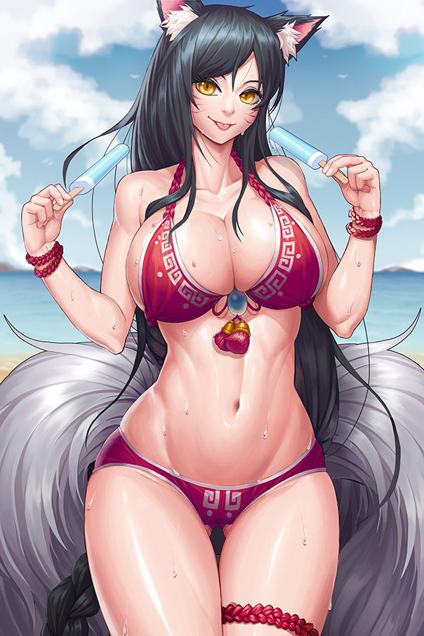adapted_costume ahri animal_ears ass_visible_through_thighs beach bikini black_hair blush breasts cleavage collarbone commentary cowboy_shot day food fox_ears fox_tail gonster halter_top halterneck large_breasts league_of_legends long_hair looking_at_viewer outdoors popsicle red_bikini slit_pupils solo swimsuit tail thigh_gap tongue tongue_out whisker_markings yellow_eyes