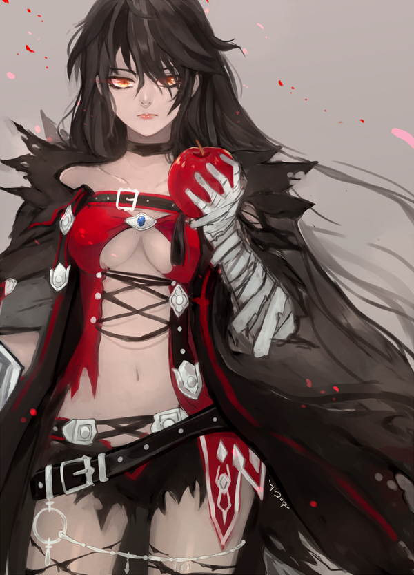 1girl apple bandage bandaged_arm bare_shoulders belt black_hair blush braid breasts choker coat glowing_eyes large_breasts long_hair looking_at_viewer navel one_eye_closed open_mouth shiny shiny_hair shiny_skin short_shorts shorts solo tales_of_(series) tales_of_berseria torn_clothes velvet_crowe very_long_hair yellow_eyes