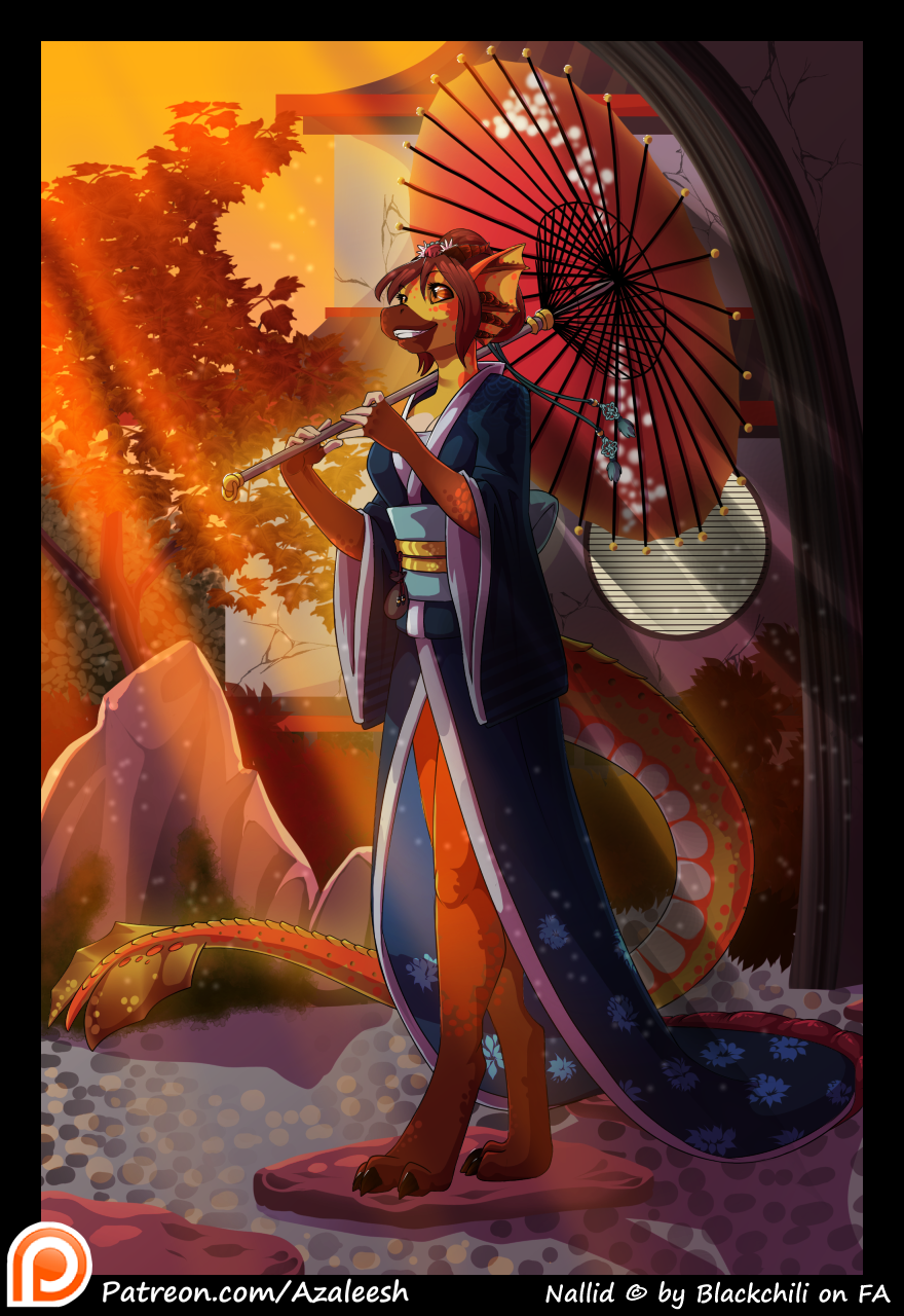 azaleesh clothing dragon female garden japan japanese_clothing kimono nallid parasol umbrella