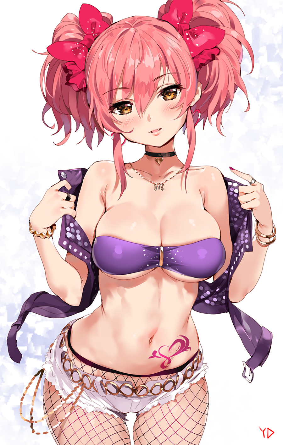 artist_name bandeau bare_shoulders blush bow bracelet breasts brown_eyes choker cleavage cowboy_shot cutoffs earrings eyebrows_visible_through_hair fang fishnet_pantyhose fishnets hair_between_eyes hair_bow heart heart_earrings highres idolmaster idolmaster_cinderella_girls jacket jewelry jougasaki_mika large_breasts leaning_forward looking_at_viewer midriff nail_polish navel necklace o-ring_belt off_shoulder open_clothes open_jacket open_mouth pantyhose pink_hair ring short_shorts shorts simple_background sleeveless_jacket smile solo strapless tattoo tubetop twintails underboob yang-do