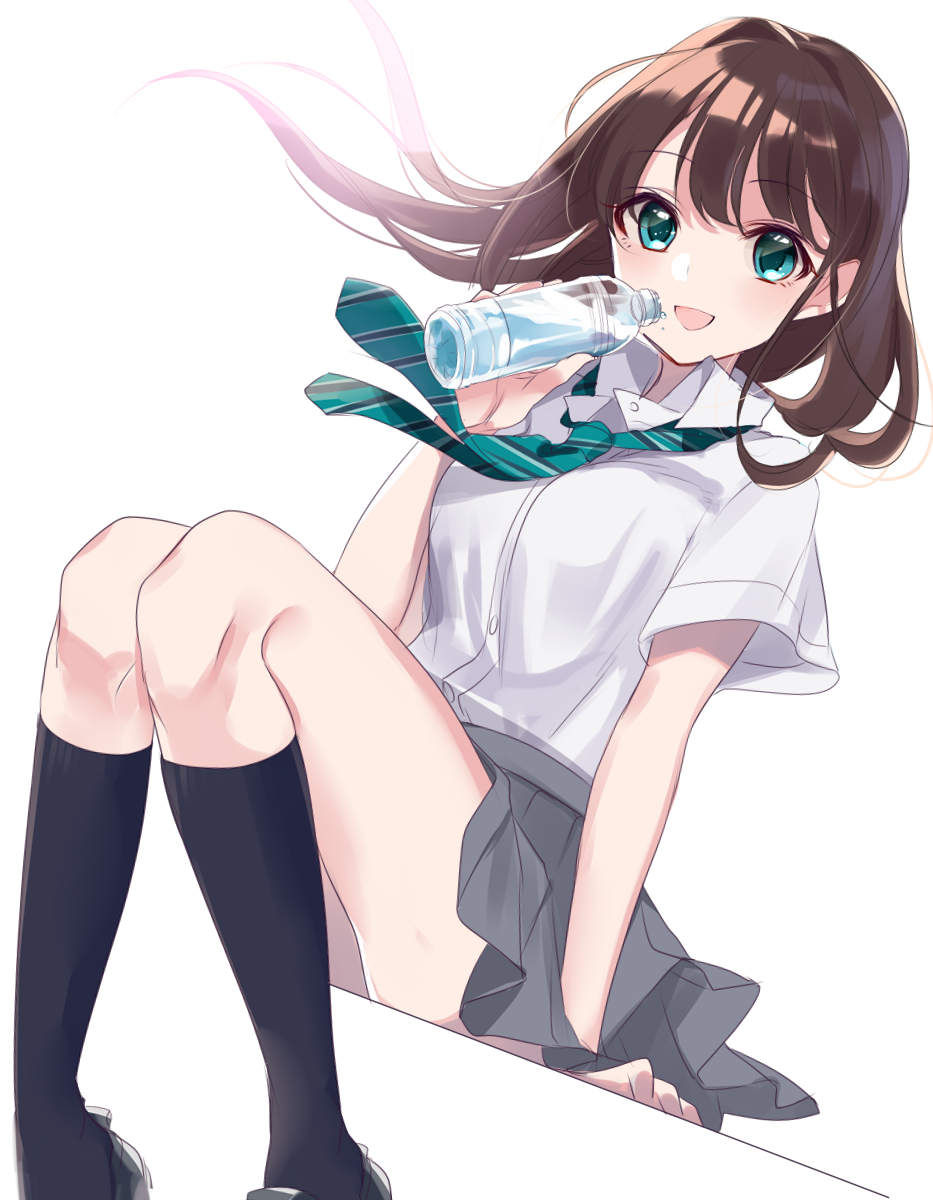 aqua_eyes black_legwear blue_neckwear bottle brown_hair drinking grey_skirt highres holding holding_bottle idolmaster idolmaster_cinderella_girls kneehighs knees_together_feet_apart long_hair looking_at_viewer misumi_(macaroni) necktie open_mouth pleated_skirt school_uniform shibuya_rin sitting skirt smile solo water water_bottle