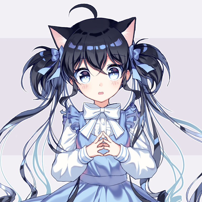 ahoge animal_ears black_hair blue_bow blue_dress blue_eyes blue_ribbon blush bow cat_ears colored_eyelashes dress eyebrows_visible_through_hair frilled_dress frills grey_background hair_between_eyes hair_bow hair_ribbon head_tilt long_hair long_sleeves looking_at_viewer mechuragi open_mouth original puffy_long_sleeves puffy_sleeves ribbon shirt sleeveless sleeveless_dress solo spread_fingers steepled_fingers tareme twintails two-tone_background undershirt upper_body very_long_hair white_bow white_shirt
