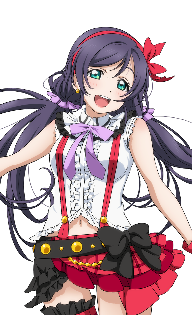 artist_request bangs bare_shoulders blush bokura_wa_ima_no_naka_de bow breasts earrings frills gloves green_eyes hairband jewelry long_hair looking_at_viewer love_live! love_live!_school_idol_festival love_live!_school_idol_festival_after_school_activity love_live!_school_idol_project low_twintails medium_breasts navel official_art open_mouth parted_bangs purple_hair skirt smile solo teeth thigh_gap toujou_nozomi transparent_background twintails