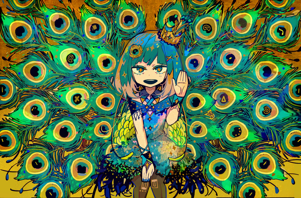 commentary_request crown gradient gradient_background hair_ornament leaning_forward looking_at_viewer makeup md5_mismatch multicolored_hair nail_polish open_mouth original peacock_feathers round_teeth solo star star-shaped_pupils symbol-shaped_pupils teeth tera waving x_hair_ornament