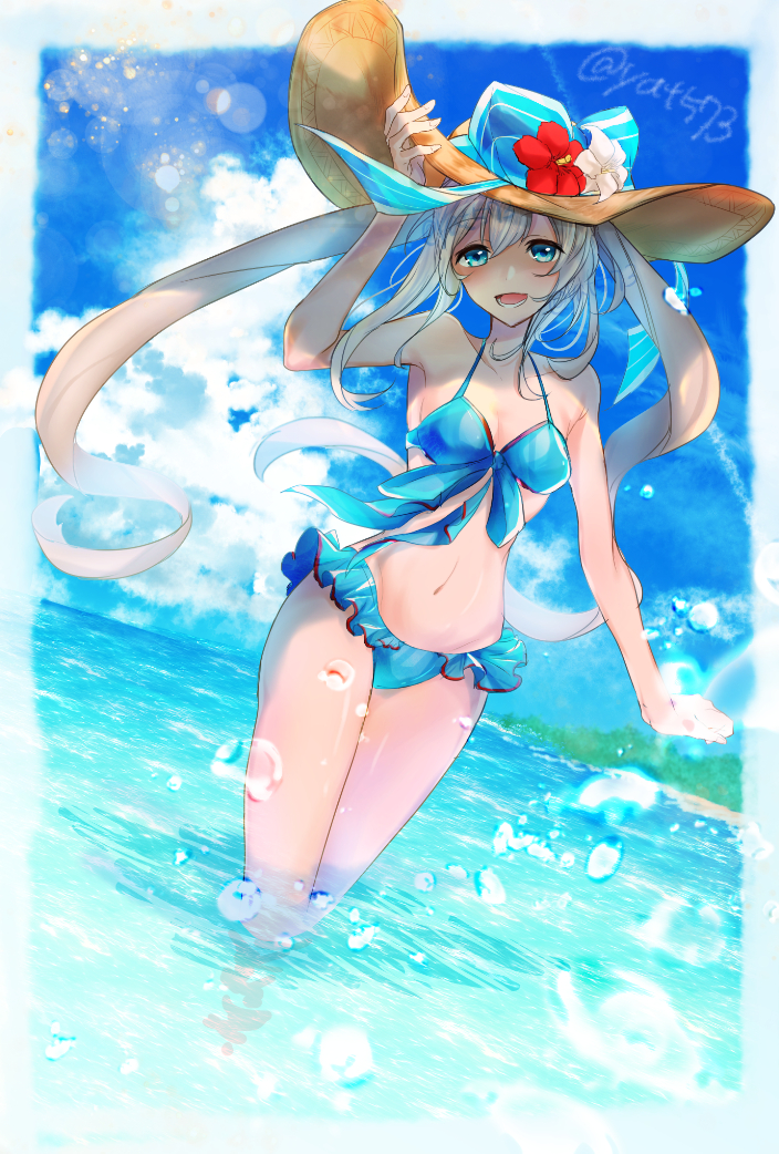 bangs bikini blue_bikini blue_eyes blush breasts collarbone commentary_request day dutch_angle fate/grand_order fate_(series) frilled_bikini_bottom frills front-tie_bikini front-tie_top grey_hair hair_between_eyes half-closed_eyes hand_on_headwear hat long_hair looking_at_viewer marie_antoinette_(fate/grand_order) marie_antoinette_(swimsuit_caster)_(fate) medium_breasts navel ocean open_mouth outdoors partial_commentary smile solo splashing sun_hat swimsuit tareme thighs twitter_username very_long_hair wading yat573