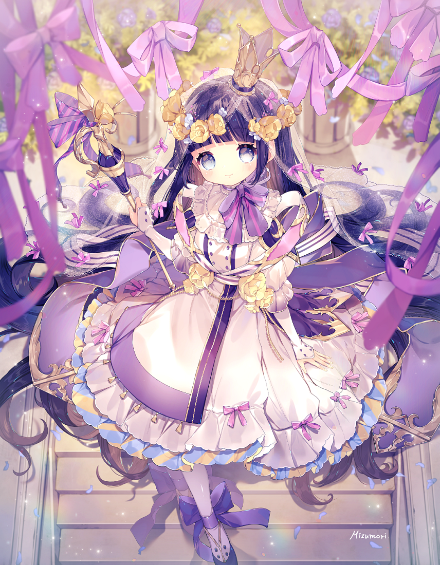 1girl absurdly_long_hair ankle_ribbon artist_name back_bow bangs black_eyes black_hair blunt_bangs blush bow commentary_request crown double-breasted dress flower frilled_dress frills hair_flower hair_ornament holding light_blush long_hair looking_at_viewer mizumori_(xcllcx) neck_ribbon nengajou new_year original petals purple_eyes purple_ribbon ribbon scepter smile solo stairs striped striped_neckwear striped_ribbon veil very_long_hair white_legwear yellow_flower