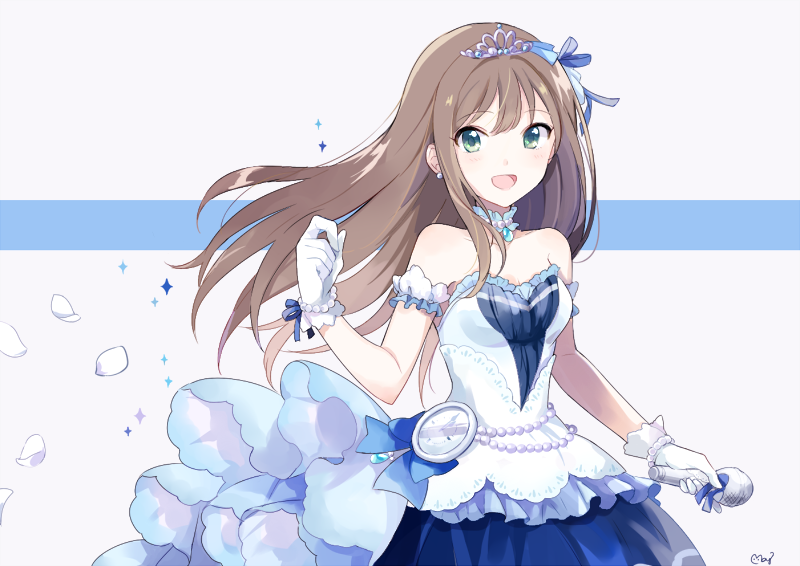 :d arm_strap blue_ribbon bracelet breasts brown_hair choker cleavage collarbone diadem dress earrings eyebrows_visible_through_hair floating_hair gloves green_eyes hair_ribbon holding holding_microphone idolmaster idolmaster_cinderella_girls jewelry long_hair medium_breasts mei_(maysroom) microphone open_mouth ribbon shibuya_rin sleeveless sleeveless_dress smile solo strapless strapless_dress white_background white_gloves