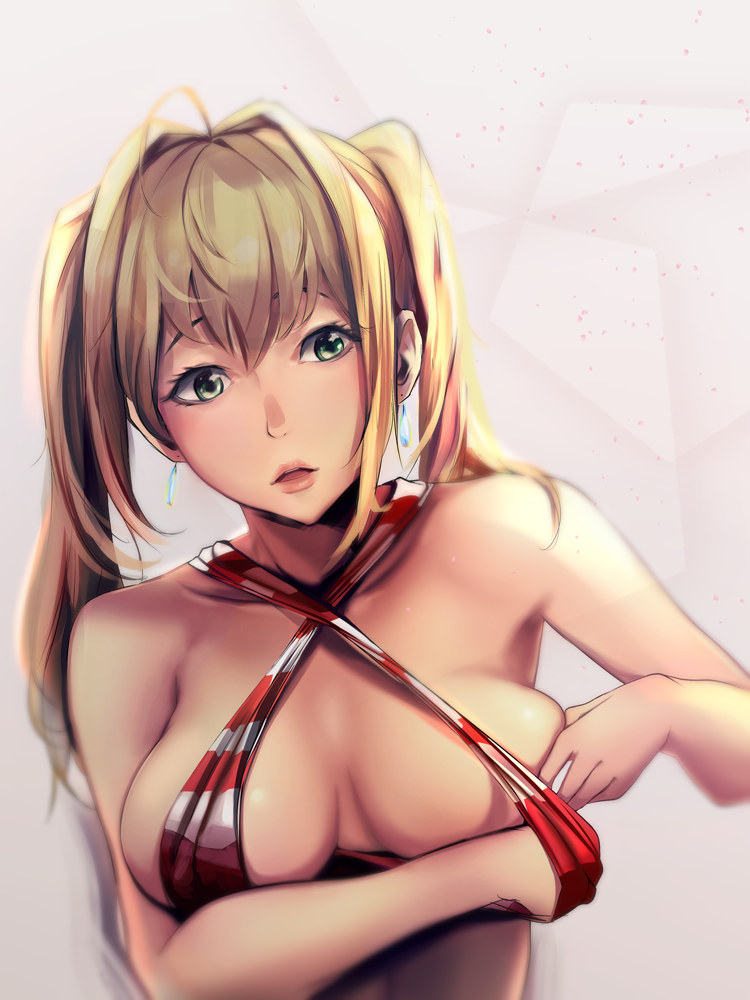 adjusting_clothes adjusting_swimsuit ahoge bare_shoulders breasts collarbone criss-cross_halter earrings fate/grand_order fate_(series) green_eyes hair_intakes halterneck jewelry lips long_hair looking_down nero_claudius_(fate)_(all) nero_claudius_(swimsuit_caster)_(fate) parted_lips pixshed solo swimsuit twintails