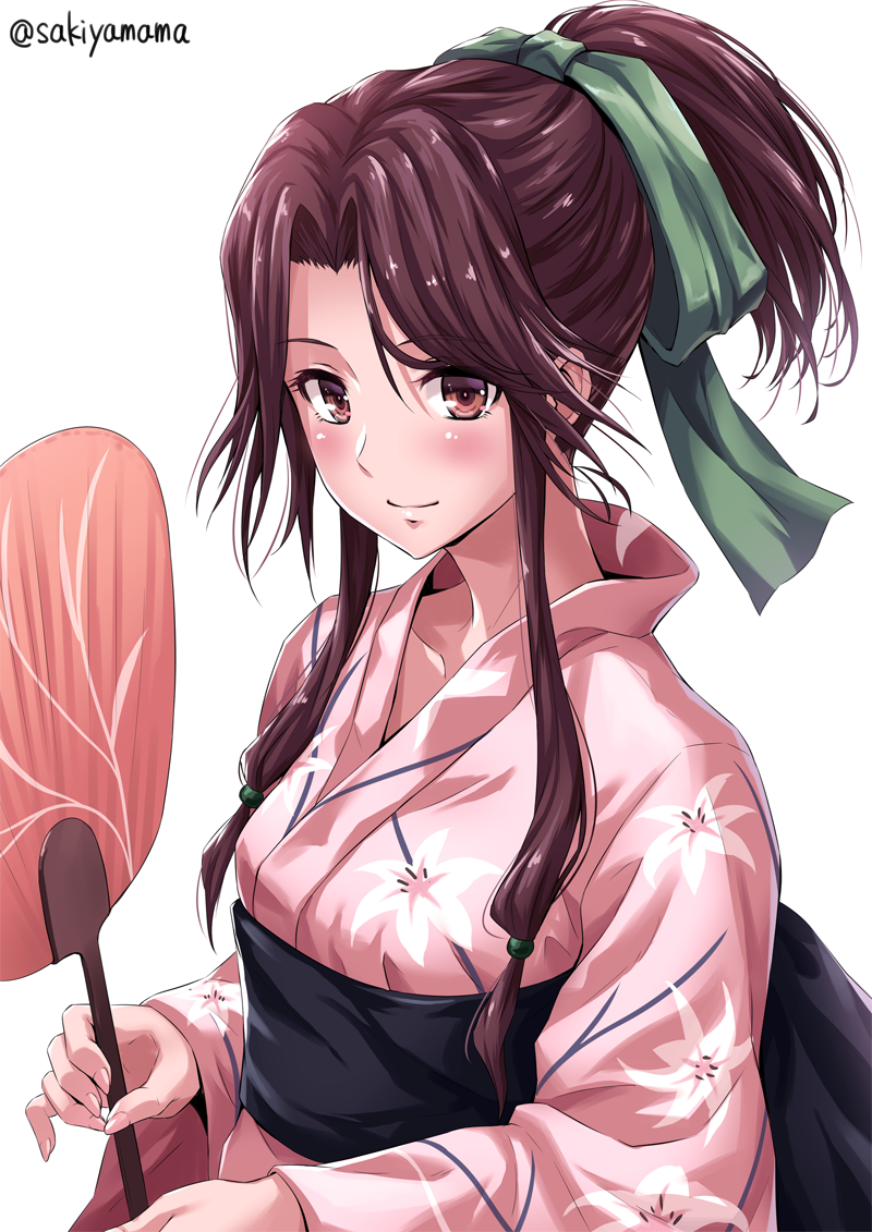 alternate_costume bangs breasts brown_eyes closed_mouth collarbone commentary_request eyebrows eyebrows_visible_through_hair fan fingernails floral_print hair_intakes japanese_clothes jintsuu_(kantai_collection) kantai_collection kimono long_hair looking_at_viewer medium_breasts obi paper_fan parted_bangs pink_kimono ponytail sakiyamama sash simple_background smile solo twitter_username white_background yukata