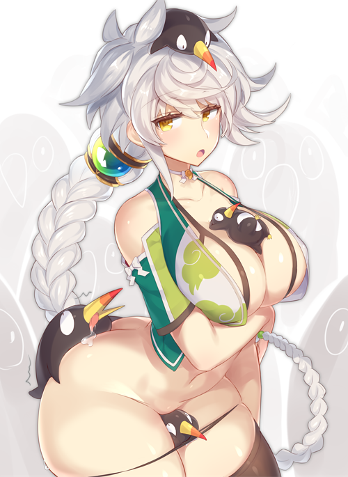 ass asymmetrical_hair bangs bare_shoulders between_breasts between_legs black_panties blush bra braid breast_hold breasts choker cloud_print collarbone commentary_request crop_top cupless_bra drooling failure_penguin hair_ornament hips jitome kantai_collection large_breasts long_hair looking_at_viewer midriff navel on_head open_mouth panties panty_pull silver_hair single_braid skindentation solo swept_bangs thighhighs underwear unryuu_(kantai_collection) very_long_hair wavy_hair wide_hips yamaarashi yellow_eyes