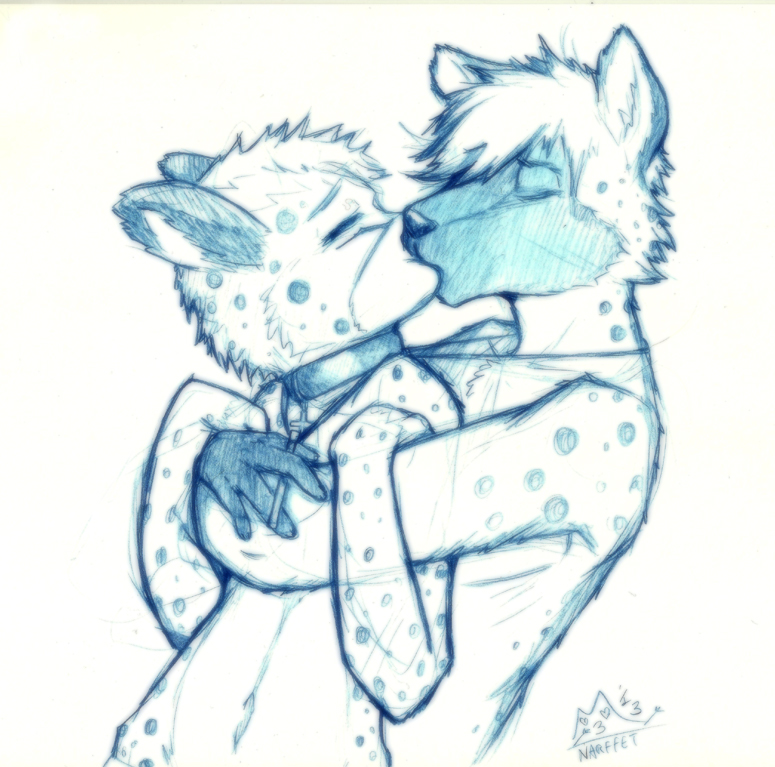 2013 anthro biped blue_and_white cheetah collar cross duo eyes_closed feline fur hair hug hyena jake_(stripes) kissing male male/male mammal monochrome narffet navel nude pen_(artwork) pendant romantic_couple salem_(stripes) short_hair signature simple_background snout spots spotted_fur spotted_hyena traditional_media_(artwork) white_background
