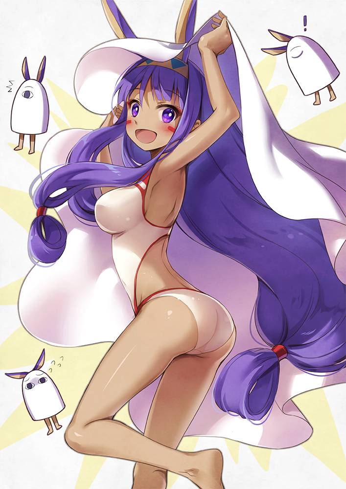 1girl :d animal_ears arms_up ass bangs bed_sheet blush breasts commentary dark_skin eyebrows_visible_through_hair facial_mark fate/grand_order fate_(series) flying_sweatdrops from_side hairband jackal_ears long_hair looking_at_viewer low-tied_long_hair medium_breasts nitocris_(fate/grand_order) nitocris_(swimsuit_assassin)_(fate) nyanya one-piece_swimsuit open_mouth purple_eyes purple_hair smile solo standing standing_on_one_leg swimsuit symbol_commentary very_long_hair white_swimsuit