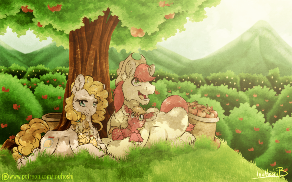 2017 apple applejack_(mlp) big_macintosh_(mlp) bright_mac_(mlp) daughter equine father father_and_son female food friendship_is_magic fruit horse husband_and_wife inuhoshi-to-darkpen male mammal mother mother_and_daughter my_little_pony parent pear_butter_(mlp) pony son tree