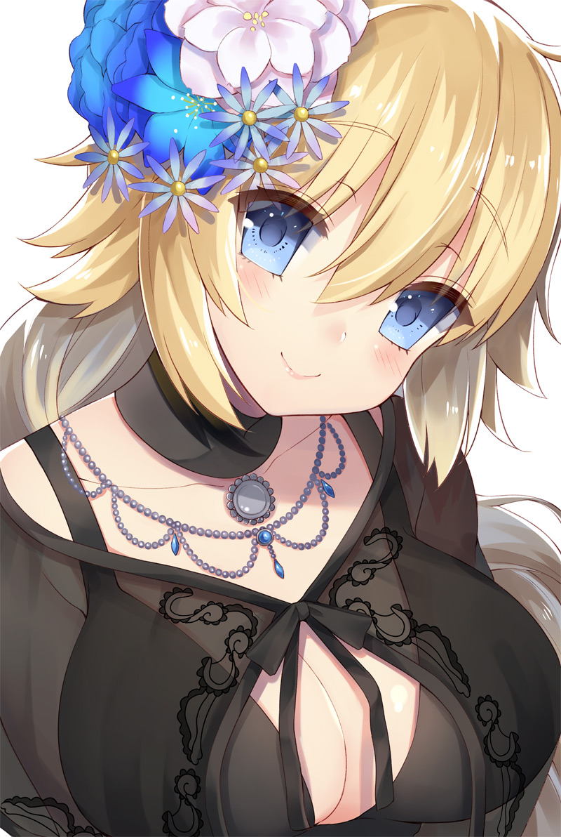 arms_at_sides bangs blue_eyes blue_flower blush breasts brooch c: cleavage closed_mouth collarbone commentary_request eyebrows_visible_through_hair fate/apocrypha fate_(series) flower hair_between_eyes hair_down hair_flower hair_ornament head_tilt jeanne_d'arc_(fate) jeanne_d'arc_(fate)_(all) jewelry large_breasts long_hair looking_at_viewer necklace simple_background smile solo upper_body white_background white_flower yuzu-aki