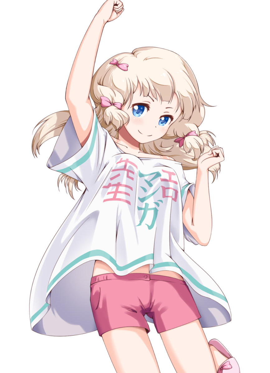 &gt;:) adrenaline!!! alternate_hair_length alternate_hairstyle arm_up blonde_hair blue_eyes blush bow breasts clenched_hands closed_mouth clothes_writing collarbone commentary_request copyright_name cosplay eromanga_sensei hair_bow highres izumi_sagiri izumi_sagiri_(cosplay) leg_up long_hair medium_breasts new_game! pink_footwear pink_ribbon pink_shorts ribbon sakura_nene shirt short_sleeves shorts simple_background slippers smile solo t-shirt torajiro v-shaped_eyebrows white_background white_shirt