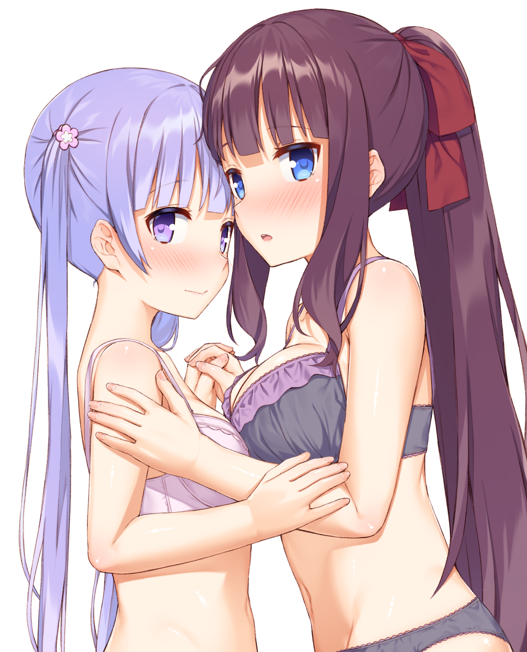 asymmetrical_docking bangs black_bra black_panties blue_eyes blush bra breast_press breasts commentary_request flower from_side hair_flower hair_ornament hair_ribbon hand_on_another's_arm highres holding_hands interlocked_fingers lavender_hair long_hair looking_at_viewer medium_breasts mikazuchi_zeus multiple_girls navel new_game! panties parted_lips pink_bra ponytail purple_eyes purple_hair ribbon sidelocks simple_background small_breasts smile suzukaze_aoba takimoto_hifumi underwear underwear_only very_long_hair white_background yuri