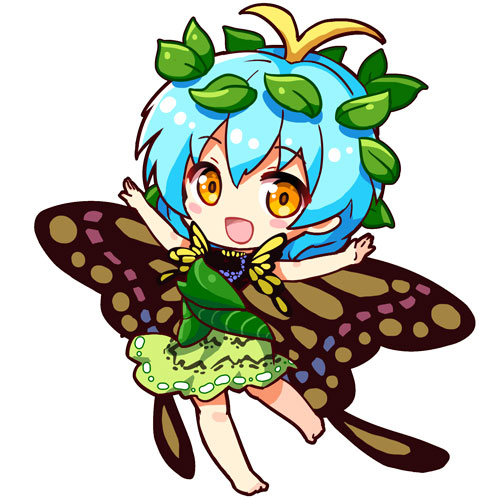 :d antennae bangs barefoot blue_hair blush_stickers butterfly_wings chibi commentary dress eternity_larva eyebrows_visible_through_hair full_body green_dress hair_ornament leaf leaf_hair_ornament looking_at_viewer lowres open_mouth orange_eyes outstretched_arms renren_(ah_renren) short_hair simple_background smile solo spread_arms touhou white_background wings