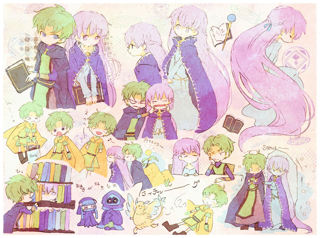 2boys ^_^ ^o^ absurdly_long_hair angry belt blue_eyes book bookshelf boots braid chibi cloak closed_eyes dragon eighth_note fa fire_emblem fire_emblem:_fuuin_no_tsurugi frown green_hair hands_together kappaman laughing lavender_eyes lavender_hair lleu_(fire_emblem) long_hair looking_at_another lugh_(fire_emblem) mamkute mouth_pull multiple_boys musical_note open_mouth robe romaji short_hair snow sofiya spiked_hair spoken_musical_note staff surprised tabard trembling very_long_hair