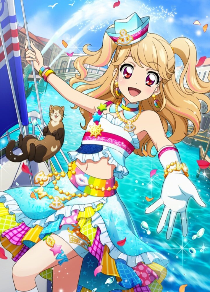 :d aikatsu! aikatsu!_(series) aikatsu!_photo_on_stage!! anchor_necklace anchor_symbol bare_shoulders bead_necklace beads bird blonde_hair blue_sky boat bracelet building clothes_writing day detached_collar dutch_angle earrings ferret ferry_(aikatsu!) fountain frilled_skirt frills gloves hat highlights jewelry layered_skirt midriff multicolored multicolored_clothes multicolored_hair multicolored_stripes natsuki_mikuru navel necklace ocean official_art open_mouth outdoors outstretched_arm petals pink_eyes plaid plaid_skirt polka_dot_skirt reaching_out sailing sailor_hat seagull short_twintails single_glove single_strap skirt sky sleeveless smile sparkle star star_print steering_wheel streaked_hair striped thighlet twintails two_side_up vertical_stripes water water_drop watercraft white_gloves