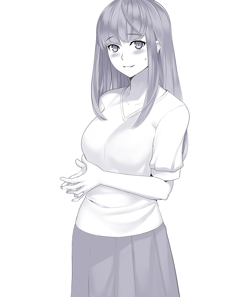 blush breasts greyscale large_breasts looking_at_viewer monochrome short_hair simple_background skirt solo sweatdrop toniwing white_background