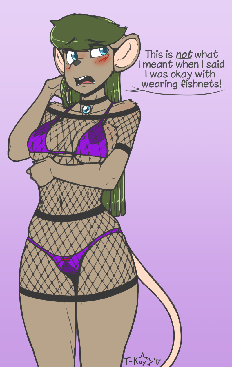2017 blue_eyes blush breasts embarrassed english_text female fishnet green_hair hair humor jewelry katie_(t-kay) long_hair mammal mouse navel necklace pun rodent simple_background t-kay text