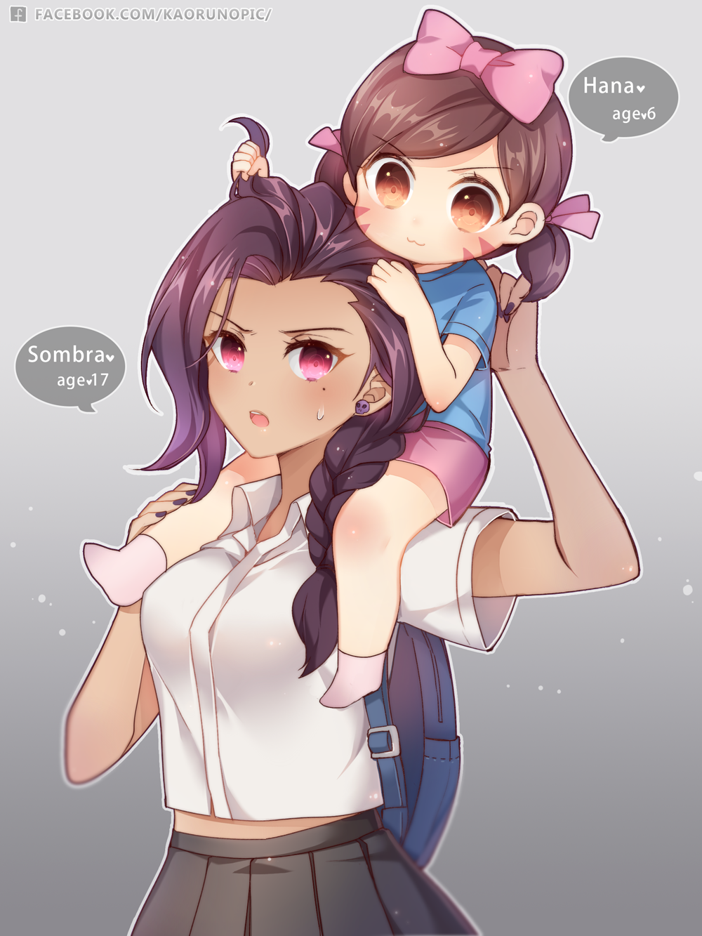 :3 age_comparison age_difference alternate_eye_color alternate_hairstyle atobesakunolove backpack bag blue_shirt bow braid breasts brown_eyes brown_hair carrying carrying_over_shoulder casual character_name child chinese_commentary collared_shirt commentary_request d.va_(overwatch) dark_skin earrings engrish eyebrows_visible_through_hair facebook_username facepaint facial_mark gradient gradient_background grey_background grey_skirt hair_bow hair_ribbon highres holding holding_hair jewelry looking_at_another medium_hair midriff mole mole_under_eye multiple_girls nail_polish open_mouth outline overwatch pants pink_bow pink_eyes pink_legwear pink_pants pleated_skirt purple_hair purple_nails ranguage ribbon shirt short_sleeves short_twintails shoulder_carry single_braid skirt small_breasts smile socks sombra_(overwatch) speech_bubble stud_earrings sweatdrop t-shirt teenage twintails upper_body v-shaped_eyebrows watermark web_address whisker_markings white_shirt younger