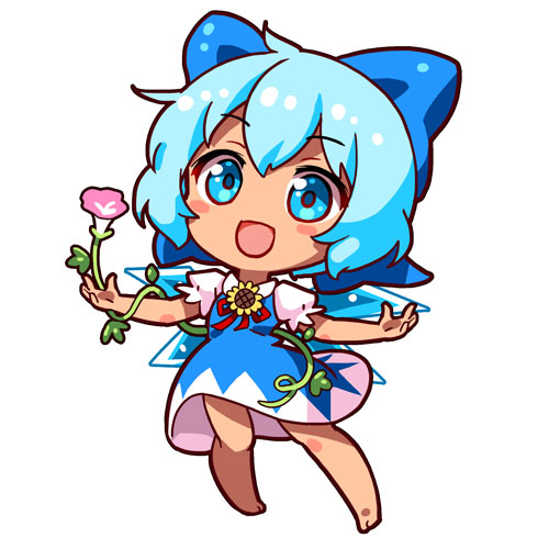 :d bangs barefoot blue_bow blue_dress blue_eyes blue_hair blue_wings blush_stickers bow chibi cirno commentary dress eyebrows_visible_through_hair flower full_body hair_bow ice ice_wings looking_at_viewer lowres morning_glory open_mouth outstretched_arms puffy_short_sleeves puffy_sleeves renren_(ah_renren) short_hair short_sleeves simple_background smile solo spread_arms sunflower tan tanned_cirno touhou white_background wings