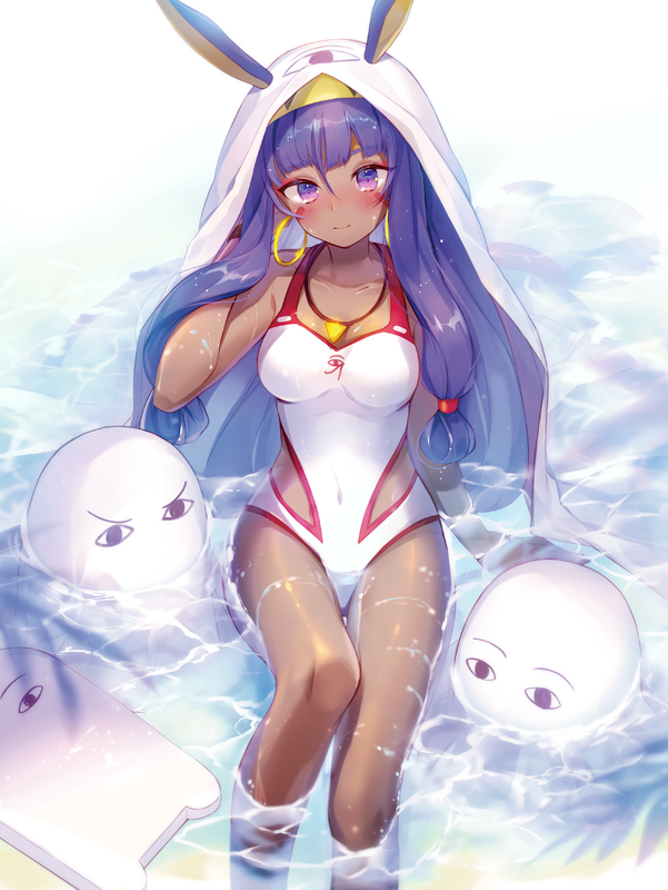 &lt;o&gt;_&lt;o&gt; animal_ears blush covered_navel dark_skin facial_mark fate/grand_order fate_(series) ibara_riato jackal_ears jewelry long_hair looking_at_viewer medjed necklace nitocris_(fate/grand_order) nitocris_(swimsuit_assassin)_(fate) one-piece_swimsuit partially_submerged purple_eyes purple_hair solo swimsuit very_long_hair