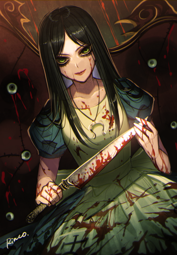 1girl alice:_madness_returns alice_(wonderland) alice_in_wonderland american_mcgee's_alice apron black_hair blood breasts chair dress green_eyes knife lips long_hair necklace solo