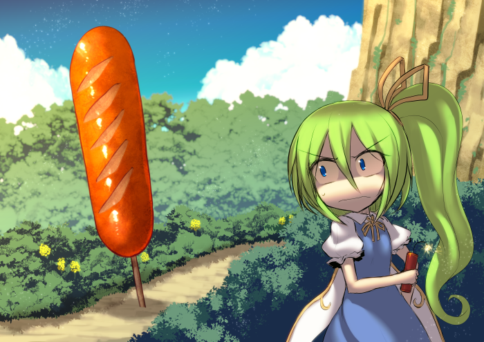 &gt;:( blue_eyes blue_sky bomb bush closed_mouth cloud comic commentary constricted_pupils daiyousei day dress dynamite fairy_wings food frown gameplay_mechanics green_hair hair_between_eyes hair_ribbon hiding kuresento lit_fuse long_hair nature outdoors oversized_object path pinafore_dress puffy_short_sleeves puffy_sleeves ribbon road sausage serious shaded_face shadow short_sleeves side_ponytail skewer sky solo sunlight sweat sweatdrop touhou tree v-shaped_eyebrows what wings