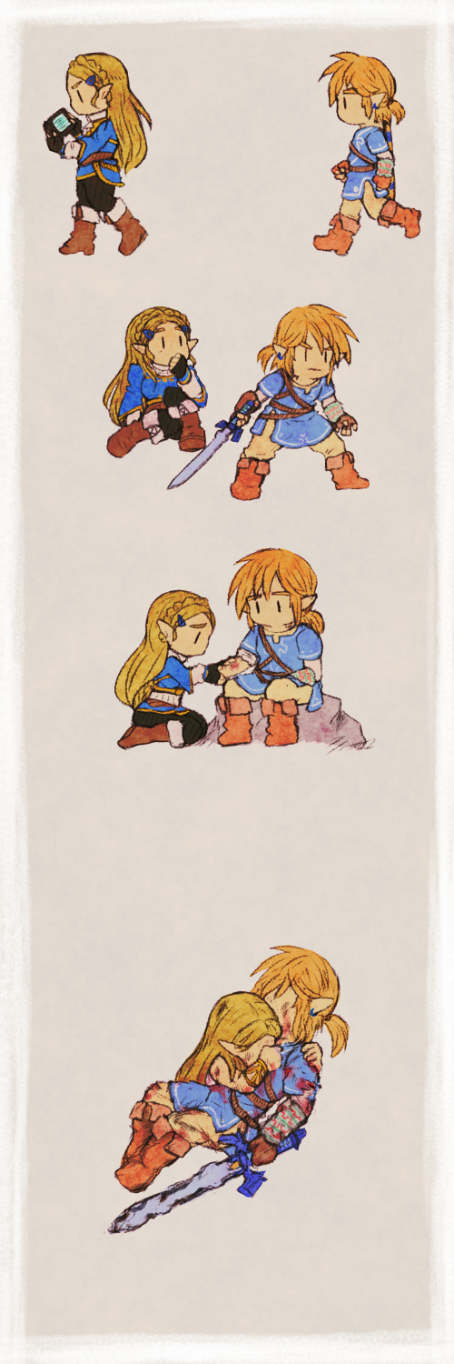 1girl 4koma asozan_(cocomil) blonde_hair blood bloody_clothes boots braid bruise chibi comic commentary_request cuts fingerless_gloves french_braid gloves highres injury link long_hair master_sword pointy_ears princess_zelda short_ponytail silent_comic spoilers the_legend_of_zelda the_legend_of_zelda:_breath_of_the_wild |_|