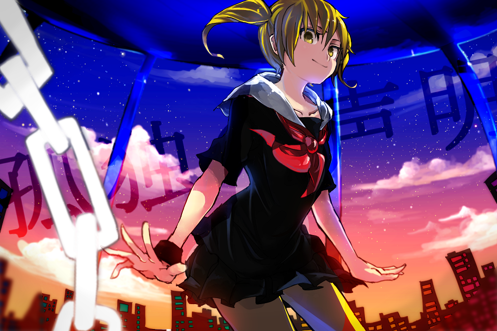 blonde_hair bracelet chain cloud commentary_request evening from_below hood hoodie jewelry maam._(summemixi) original side_ponytail skirt sky skyline solo star_(sky) starry_sky translation_request vocaloid yellow_eyes