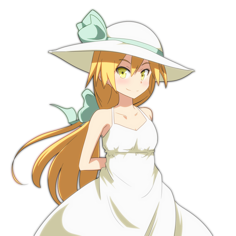 alternate_costume alternate_hairstyle alternate_headwear arms_behind_back bare_shoulders blonde_hair bow breasts cato_(monocatienus) collarbone commentary dress hair_bow hat hat_ribbon kirisame_marisa long_hair looking_at_viewer low_ponytail ribbon simple_background sleeveless sleeveless_dress small_breasts smile solo sun_hat sundress touhou very_long_hair white_background white_dress white_hat yellow_eyes