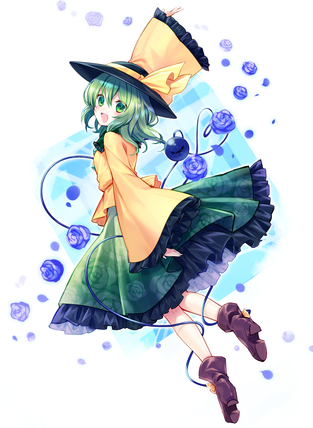 :d arm_up blue_flower blue_rose blush boots floral_print flower frilled_skirt frilled_sleeves frills full_body green_eyes green_hair green_skirt hat hat_ribbon heart heart_of_string highres komeiji_koishi long_hair long_skirt long_sleeves looking_at_viewer looking_back open_mouth ribbon rose shirt skirt smile solo third_eye touhou wide_sleeves yellow_shirt yuya_(night_lily)