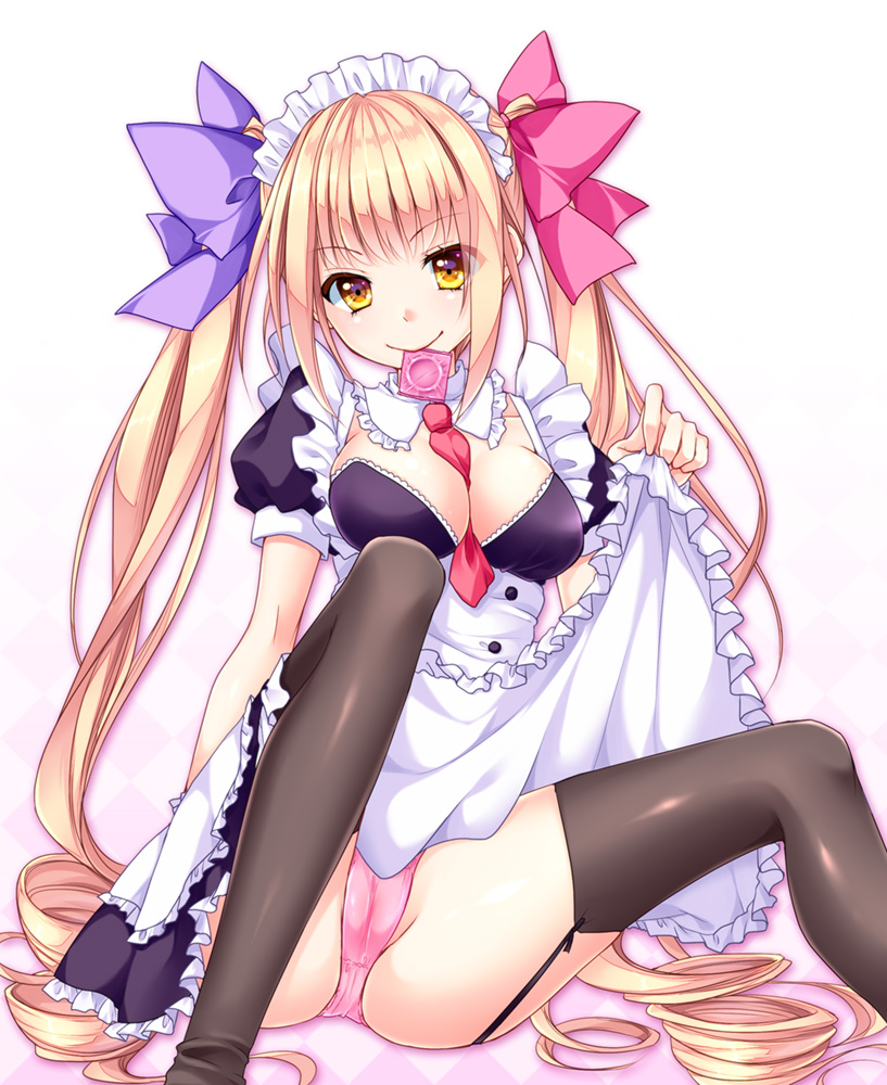 bad_id bad_pixiv_id black_legwear black_neckwear blonde_hair blue_bow bow breasts cleavage condom condom_in_mouth full_body garter_straps hair_bow lifted_by_self long_hair maid maid_headdress medium_breasts mikami_sasara mouth_hold necktie original panties pink_bow pink_panties sitting skirt skirt_lift smile solo thighhighs twintails underwear very_long_hair