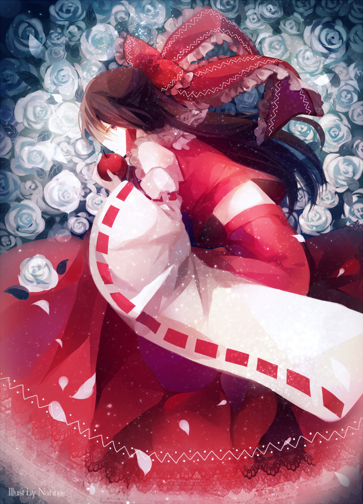 apple artist_name black_hair bow brown_hair filiananna flower food from_above fruit hair_between_eyes hair_bow hakurei_reimu holding holding_food holding_fruit long_hair long_skirt lying midriff on_side red_bow red_eyes red_shirt red_skirt shirt skirt solo touhou very_long_hair white_flower