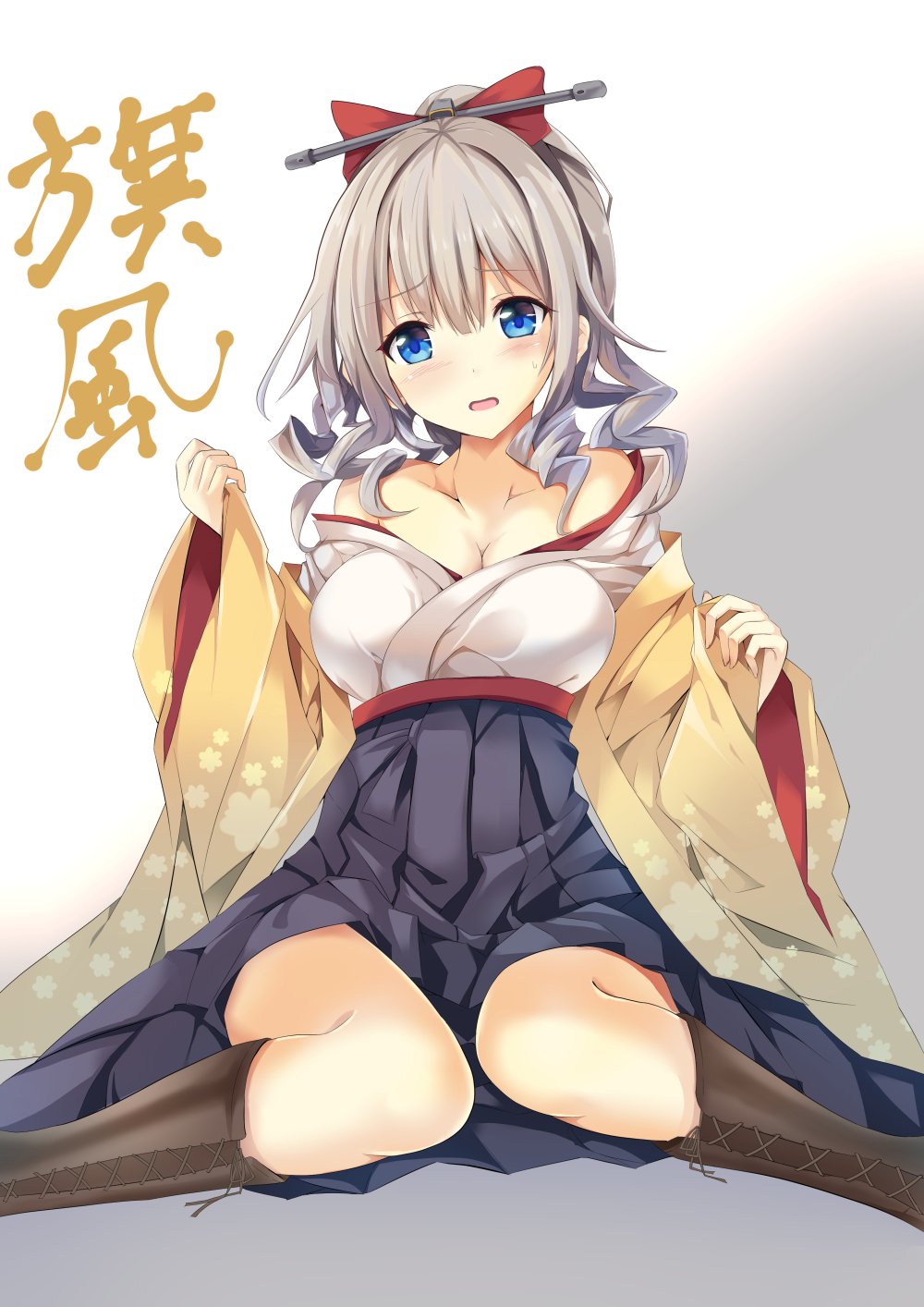 bare_shoulders blue_eyes blue_hakama blue_skirt blush boots bow breasts brown_footwear character_name cleavage collarbone gradient gradient_background grey_hair hair_bow hair_ornament hakama hakama_skirt hatakaze_(kantai_collection) highres japanese_clothes kantai_collection kimono long_hair looking_at_viewer medium_breasts meiji_schoolgirl_uniform open_clothes open_kimono open_mouth ponytail simple_background sitting skirt solo sumisuzu wariza wavy_hair wide_sleeves yellow_kimono