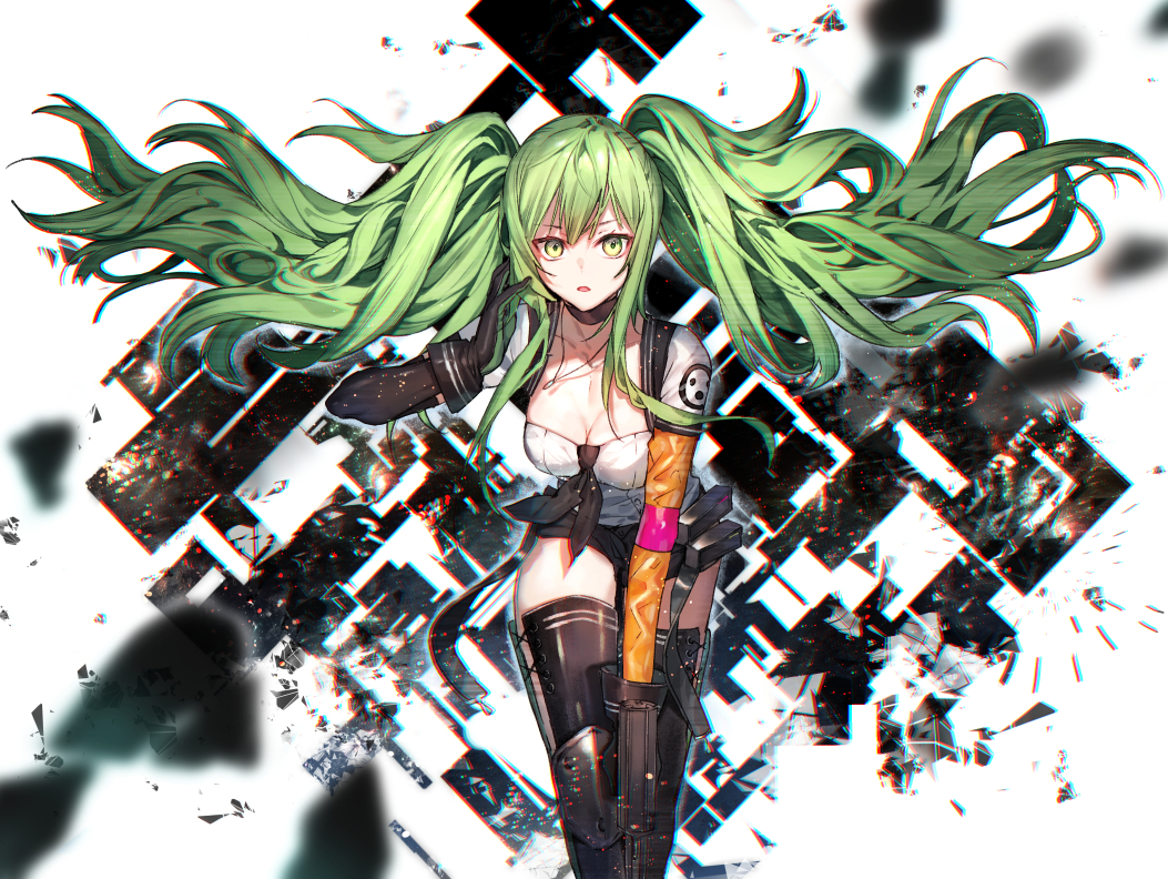 bangs black_gloves black_legwear blurry breasts calico_m950 collarbone commentary depth_of_field detached_collar elbow_gloves eyebrows_visible_through_hair floating_hair girls_frontline gloves green_eyes green_hair gun hanakeda_(hanada_shiwo) hand_up handgun holding holding_gun holding_weapon leaning_forward long_hair looking_at_viewer m950a_(girls_frontline) medium_breasts orange_gloves parted_lips pistol short_sleeves solo thighhighs thighs tsurime twintails weapon