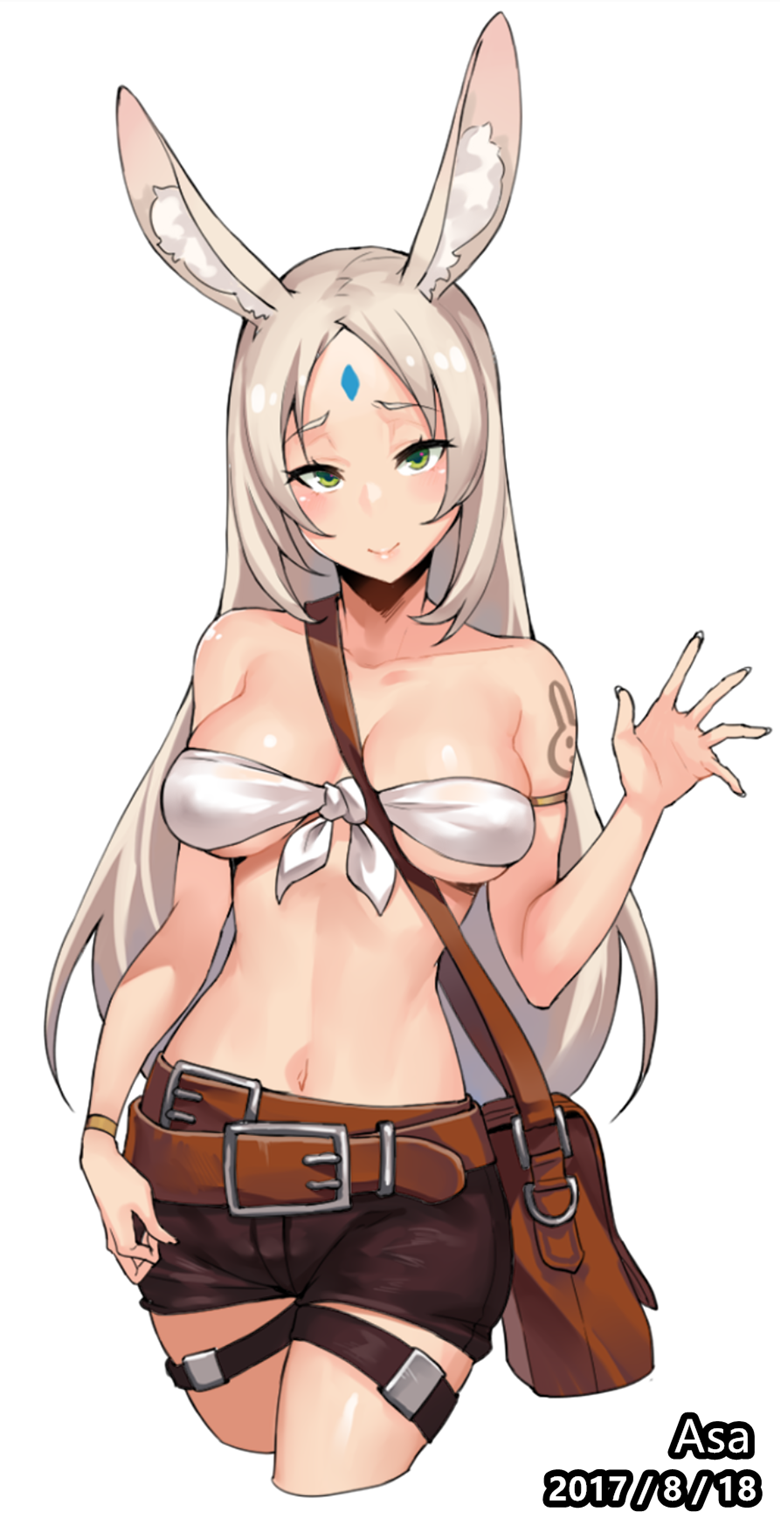 animal_ears artist_name asa_(teng_zi) bad_id bad_pixiv_id bag bandeau belt between_breasts black_shorts blush breasts bunny_ears closed_mouth cropped_legs dated front-tie_top green_eyes hand_up highres large_breasts long_hair looking_at_viewer navel original pouch short_shorts shorts shoulder_bag shoulder_tattoo silver_hair simple_background smile solo strap_cleavage tattoo white_background