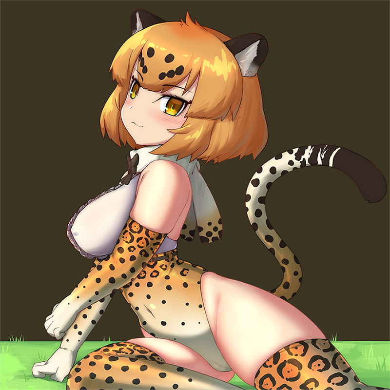 animal_ears blonde_hair blush bow bowtie breasts cameltoe covered_navel covered_nipples elbow_gloves gloves highleg highleg_leotard iwahana jaguar_(kemono_friends) jaguar_ears jaguar_print jaguar_tail kemono_friends large_breasts leotard looking_at_viewer multicolored multicolored_clothes multicolored_hair multicolored_legwear short_hair smile solo tail thighhighs thighs yellow_eyes