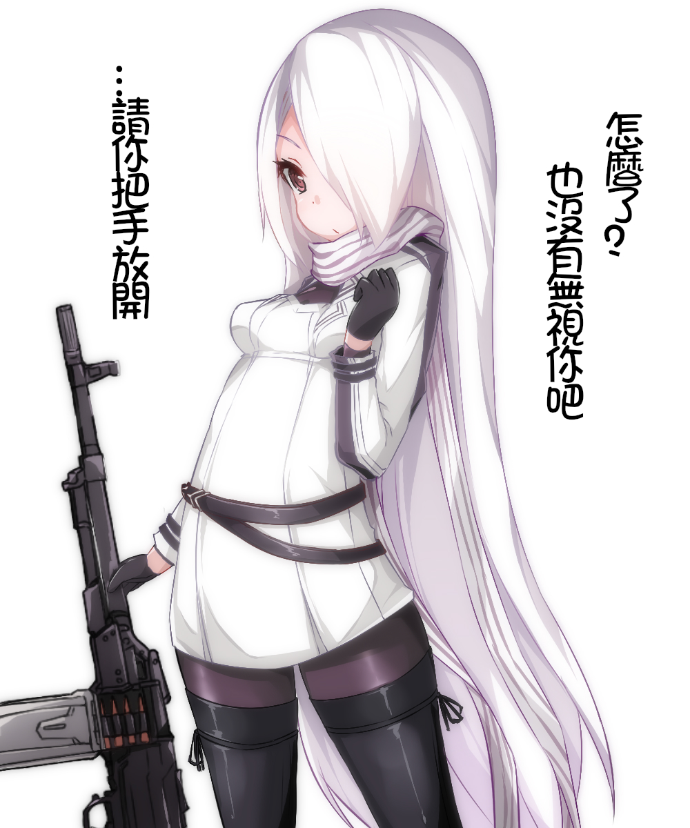 black_footwear black_gloves black_legwear boots cowboy_shot girls_frontline gloves hair_over_one_eye highres long_hair looking_at_viewer pantyhose pk_(girls_frontline) red_eyes solo thigh_boots thighhighs very_long_hair weapon white_hair younger zuo_wei_er