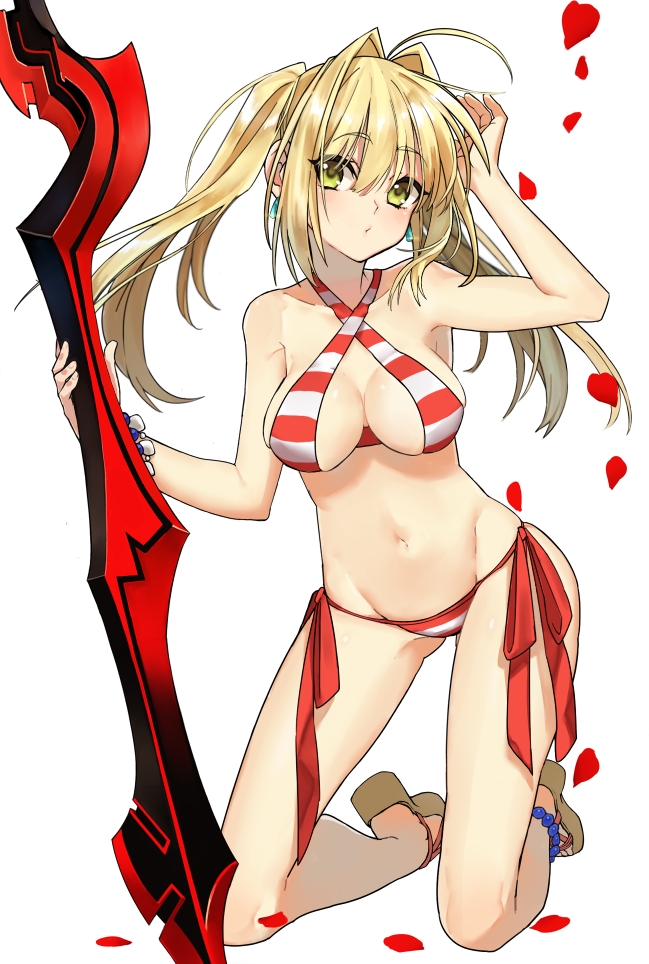 aestus_estus ahoge anklet bangs bare_shoulders bead_bracelet beads bikini blonde_hair bracelet braid breasts bun_(lv1_bun) cleavage closed_mouth criss-cross_halter eyebrows_visible_through_hair fate/grand_order fate_(series) french_braid full_body green_eyes groin hair_bun hair_intakes halter_top halterneck hand_to_head hand_up holding holding_sword holding_weapon jewelry kneeling large_breasts legs_apart long_hair looking_at_viewer medium_breasts navel nero_claudius_(fate)_(all) nero_claudius_(swimsuit_caster)_(fate) petals planted_sword planted_weapon pursed_lips red_bikini rose_petals sandals side-tie_bikini sidelocks simple_background solo striped striped_bikini swimsuit sword twintails weapon white_background