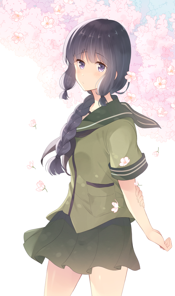 black_eyes black_hair braid cherry_blossoms green_sailor_collar green_skirt kantai_collection kitakami_(kantai_collection) komi_zumiko long_hair pleated_skirt sailor_collar school_uniform serafuku short_sleeves single_braid skirt solo