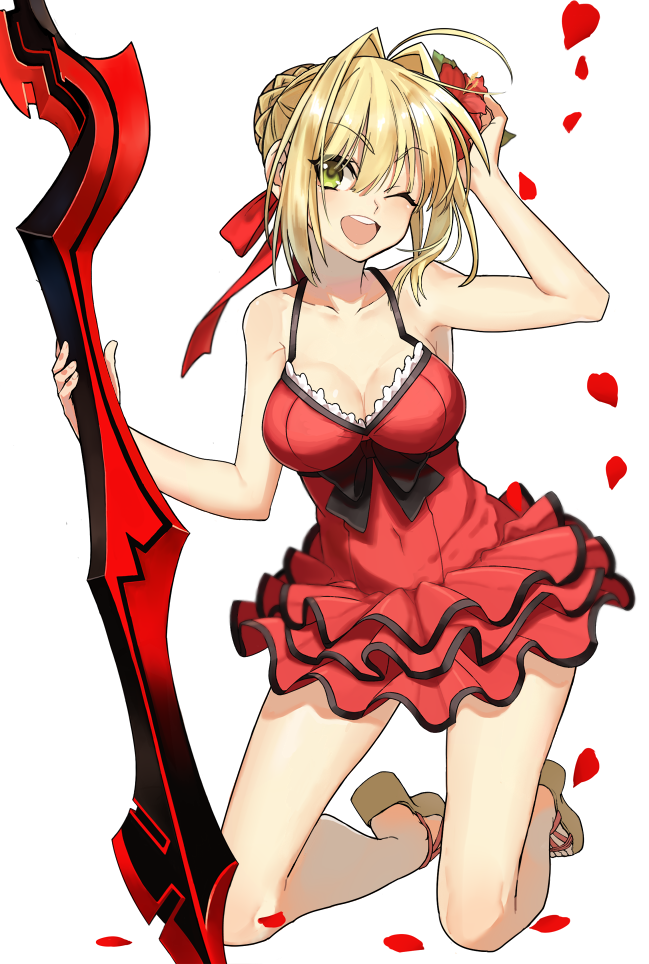 ;d aestus_estus ahoge bangs bare_shoulders blonde_hair braid breasts bun_(lv1_bun) cleavage eyebrows_visible_through_hair fate/extra fate_(series) flower french_braid frilled_swimsuit frills full_body green_eyes hair_bun hair_flower hair_intakes hair_ornament hair_ribbon hand_to_head hand_up holding holding_sword holding_weapon kneeling large_breasts legs_apart looking_at_viewer medium_breasts modern_costume_of_crimson navel nero_claudius_(fate) nero_claudius_(fate)_(all) one-piece_swimsuit one_eye_closed open_mouth petals planted_sword planted_weapon red_flower red_ribbon red_swimsuit ribbon rose_petals sandals sidelocks simple_background smile solo swimsuit sword teeth weapon white_background