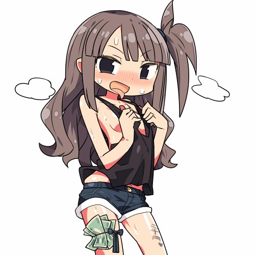 brown_eyes brown_hair commentary kanikama long_hair looking_at_viewer lowres money money_hold no_bra one_side_up original short_shorts shorts solo strap_pull sweat tank_top tongue tongue_out translated white_background