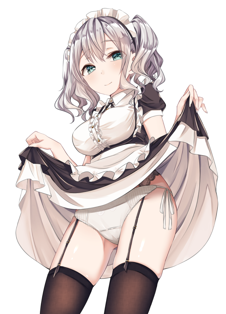 apron bangs black_dress black_legwear blush breasts closed_mouth commentary_request dress eyebrows_visible_through_hair frilled_apron frills garter_straps green_eyes groin hands_up haruno_suzune hips kantai_collection kashima_(kantai_collection) lace_trim large_breasts lifted_by_self long_hair looking_at_viewer maid panties puffy_short_sleeves puffy_sleeves short_sleeves side-tie_panties silver_hair simple_background skirt skirt_lift smile solo thighhighs thighs tsurime twintails underbust underwear wavy_hair white_background white_panties