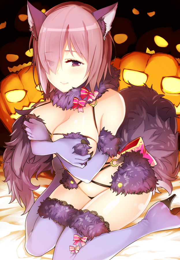 animal_ears bangs bed_sheet blush boots breasts cleavage closed_mouth commentary_request covering covering_chest dangerous_beast elbow_gloves eyebrows_visible_through_hair eyes_visible_through_hair fate/grand_order fate_(series) fur-trimmed_gloves fur-trimmed_legwear fur_collar fur_trim gloves hair_over_one_eye halloween halloween_costume high_heel_boots high_heels jack-o'-lantern kusano_houki lace lace-trimmed_thighhighs large_breasts leaning_forward looking_at_viewer mash_kyrielight o-ring o-ring_top purple_eyes purple_footwear purple_gloves purple_hair purple_legwear short_hair sitting smile solo tail thigh_boots thighhighs thighs tsurime wariza wolf_ears wolf_tail