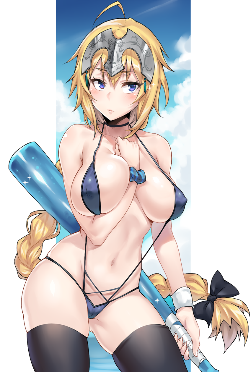 ahoge asa_(teng_zi) bad_id bad_pixiv_id bangs baseball bat between_breasts black_bow black_legwear blonde_hair blue_scrunchie blue_sky blue_swimsuit blush bow braid breasts closed_mouth cloud cloudy_sky collarbone commentary_request covered_nipples cowboy_shot day eyebrows_visible_through_hair fate/apocrypha fate_(series) hair_between_eyes hair_bow hand_between_breasts hand_on_own_chest headpiece highres holding holding_weapon jeanne_d'arc_(fate) jeanne_d'arc_(fate)_(all) large_breasts long_hair navel outdoors purple_eyes scrunchie single_braid sky slingshot_swimsuit solo striped striped_scrunchie swimsuit thighhighs tsurime very_long_hair weapon wrist_scrunchie